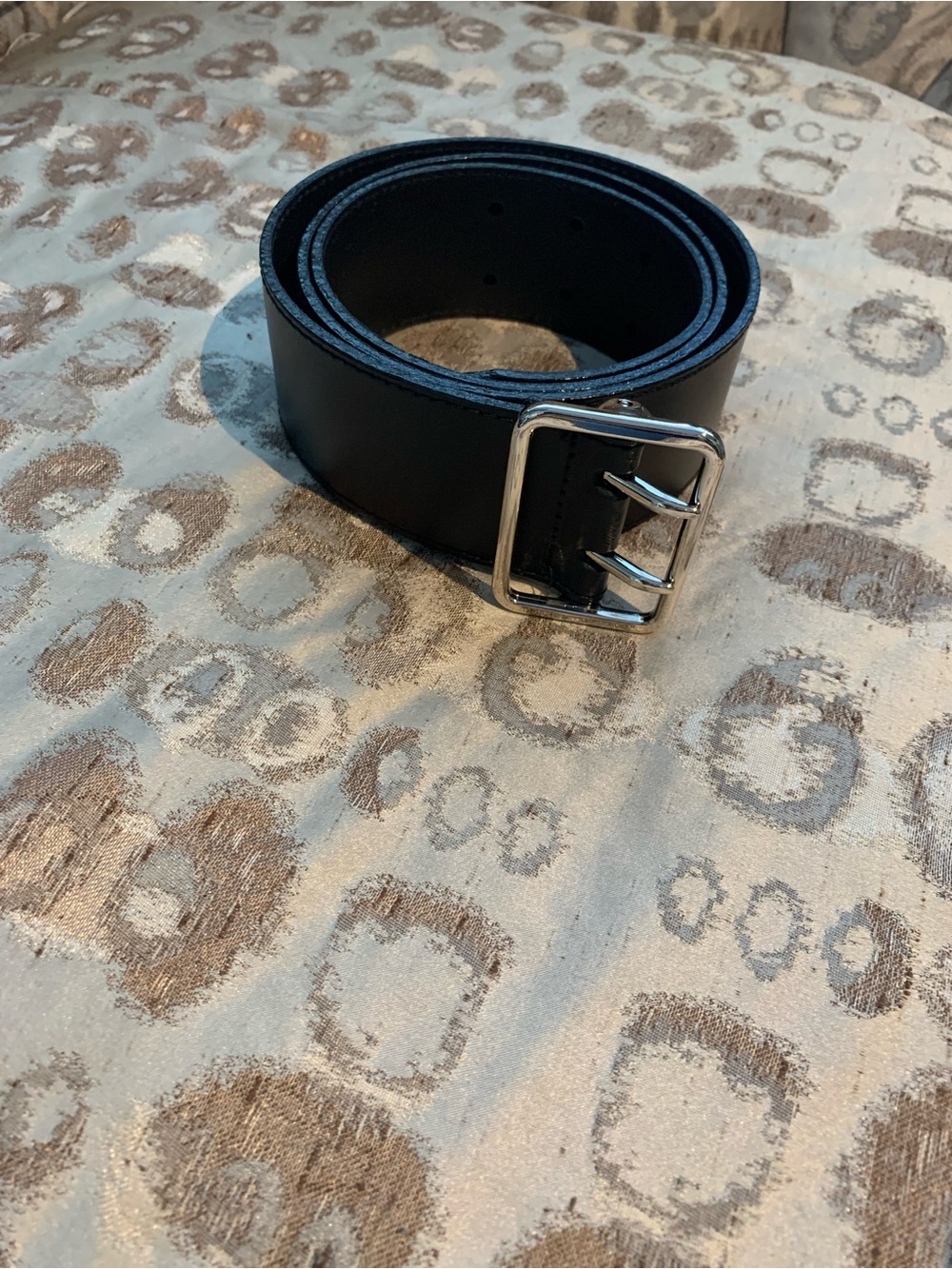 Source Unknown Black Leather Double-Prong Belt with Silver Buckle